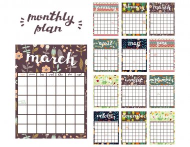 Aylık planlayıcısı şablonu. Bütün ay takvimle planlayıcısı.