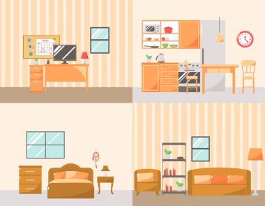 Renkli oda iç mobilya simgeler kümesi: oturma odası, yatak odası, mutfak ve işyeri.