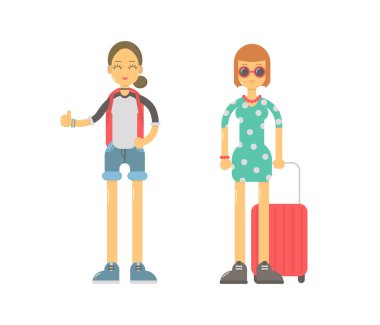 Karakter yolcuları. Kızlar seyahat gidiyorsunuz. Kadın turist. Düz Vec