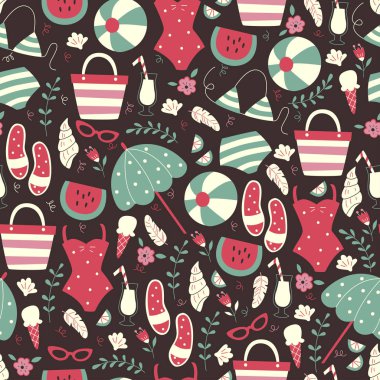 Desen ile parmak arası terlik, güneş gözlüğü, kokteyl, mayo ve diğer plaj.