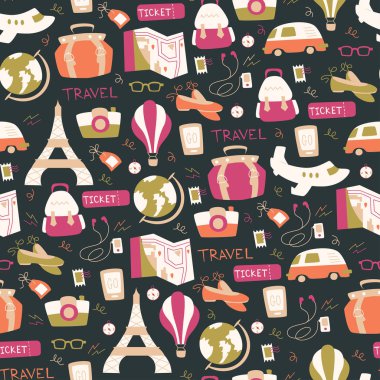 Çizilmiş seyahat sorunsuz Pattern.Travel Doodle arka plan el.