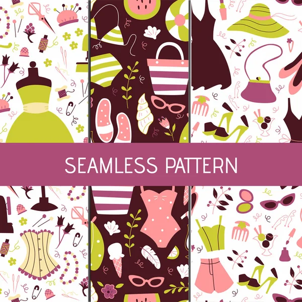 Set of Vector Seamless Pattern with Woman Accessories. — Stock Vector