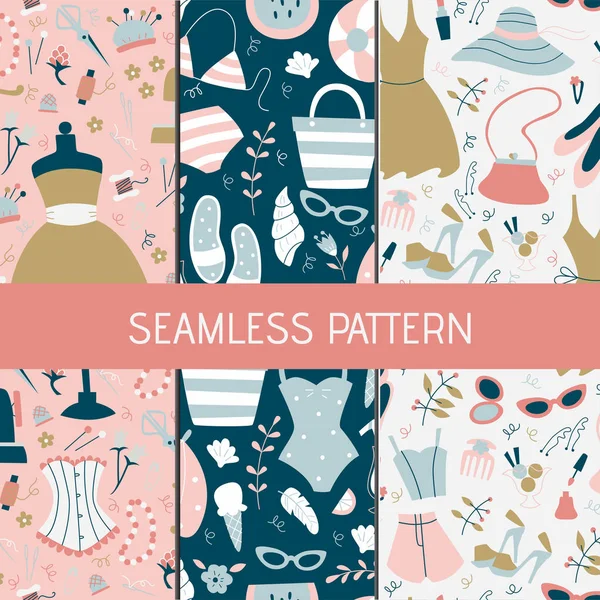 Set of Vector Seamless Pattern with Woman Accessories. — Stock Vector