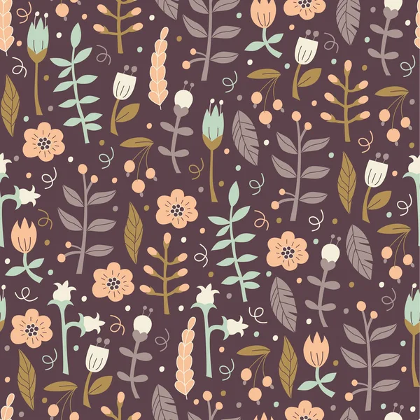 Vector Pattern in Doodle Style with Flowers and Leaves. — Stock Vector