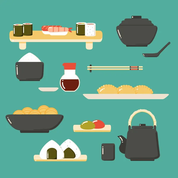 Набор японской кухни: суши, суп, лапша и т.д. . — стоковый вектор