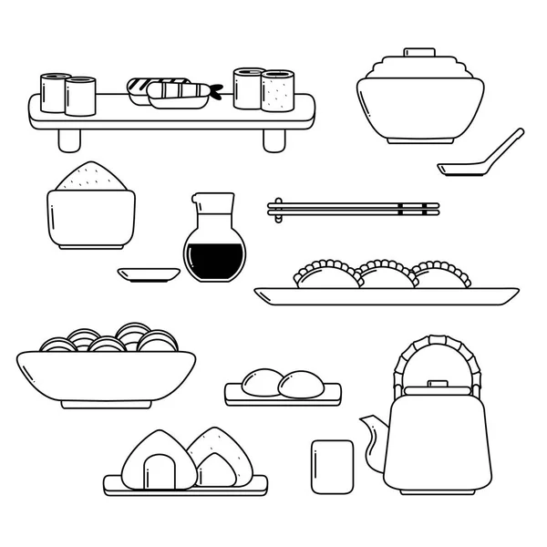 Set of Japanese Cuisine: Sushi, Soup, Noodle and etc. - Stok Vektor