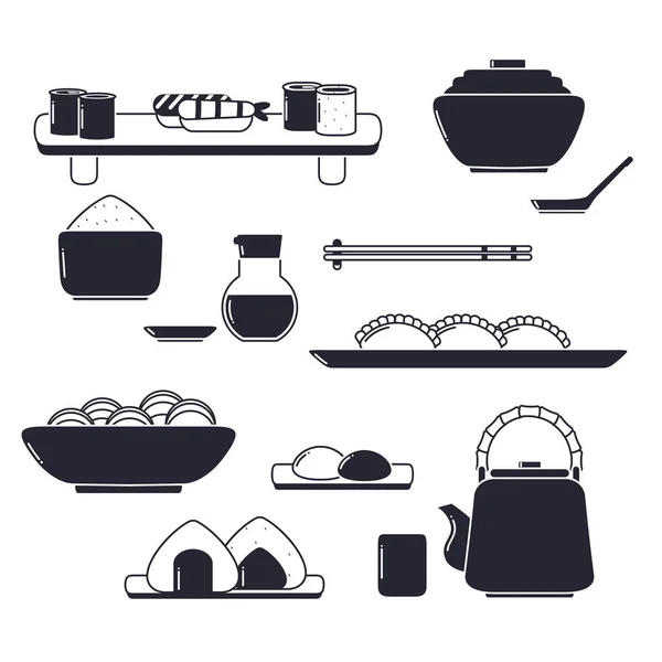 Set of Japanese Cuisine: Sushi, Soup, Noodle and etc. - Stok Vektor