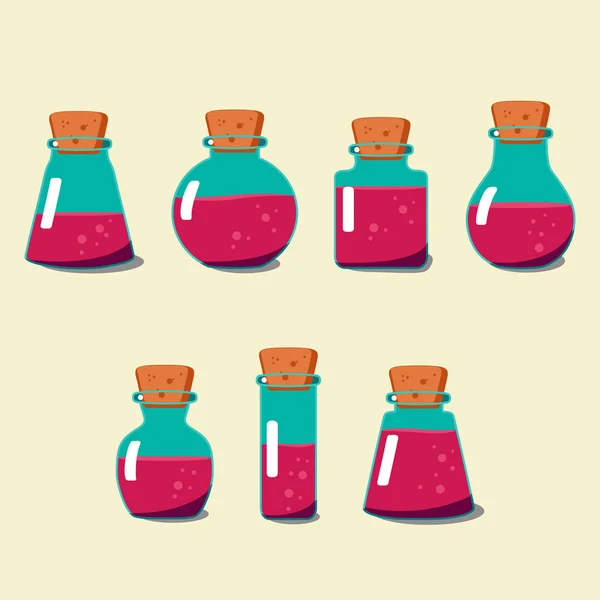 Set de bouteilles de potion. Flacons en verre avec liquides colorés . — Image vectorielle