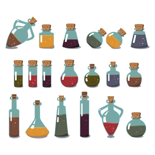 Bottles of Potion Set. Glass Flasks with Liquids. — Stock Vector