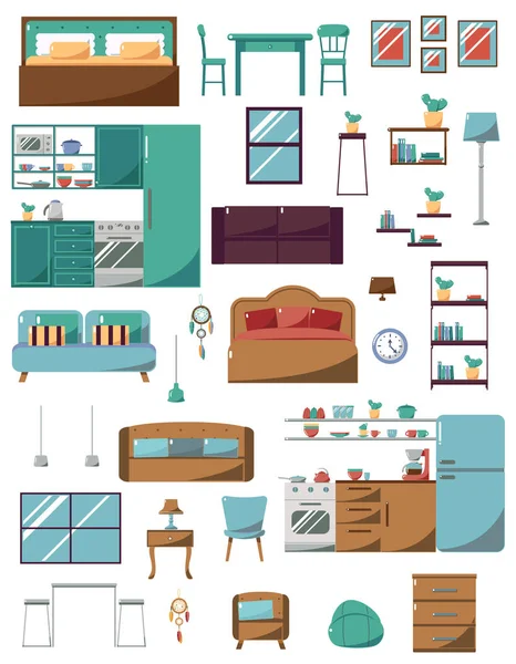Muebles para Salón, Dormitorio, Cocina, Baño. Estilo plano — Archivo Imágenes Vectoriales
