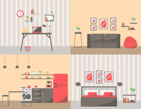 Conjunto de interiores coloridos de la habitación con los iconos del mobiliario: sala de estar, dormitorio, cocina y lugar de trabajo . — Vector de stock