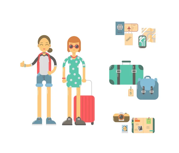 Ícones e personagens de viagem em um estilo plano . —  Vetores de Stock