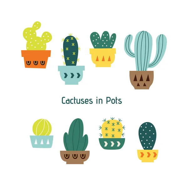 ชุดของ Cactuses มือวาดและ Succulents ในหม้อ — ภาพเวกเตอร์สต็อก