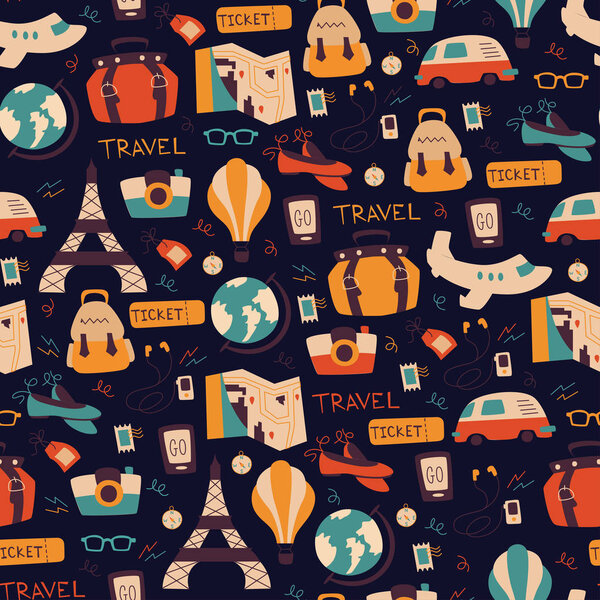 Hand Drawn Travel Seamless Pattern.