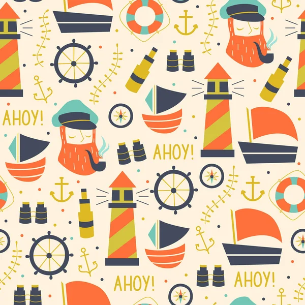 船員、ホイール、船、および別の要素とのシームレスなパターン — ストックベクタ
