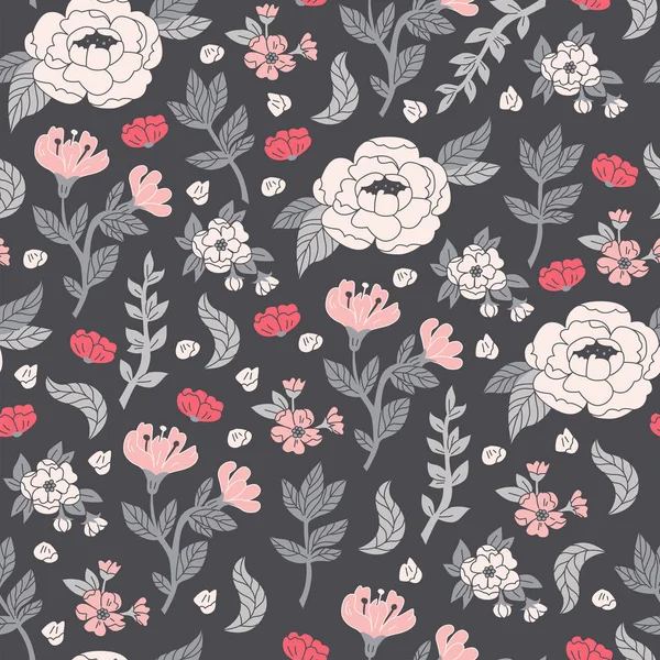 Λουλουδάτο μοτίβο με doodle στυλ με λουλούδια και φύλλα. — Διανυσματικό Αρχείο