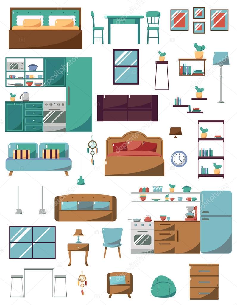 Furniture for Living Room, Bedroom, Kitchen, Bathroom. Flat Style