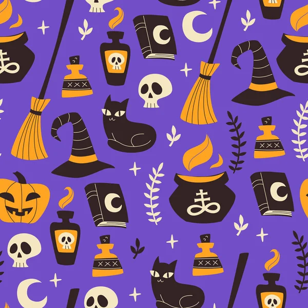 Halloween nahtlose Muster mit Kürbis, Katze, Totenkopf und anderen. — Stockvektor