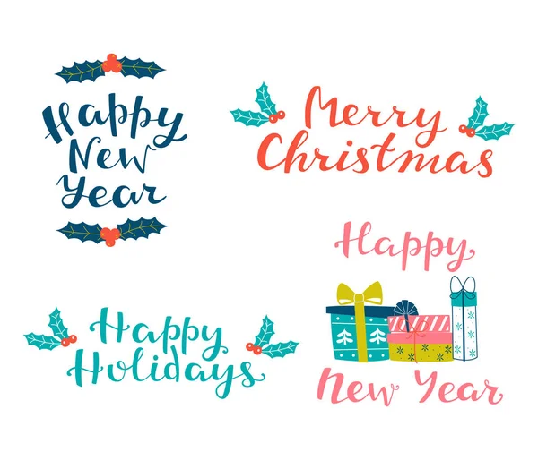 Feliz Navidad, Feliz Año Nuevo, Felices Fiestas. Ilustración de letras dibujadas a mano . — Vector de stock