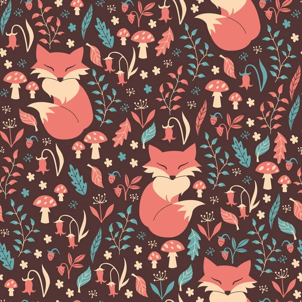 Seamless Pattern with Flowers, Foxes and Mushrooms. — Stock Vector