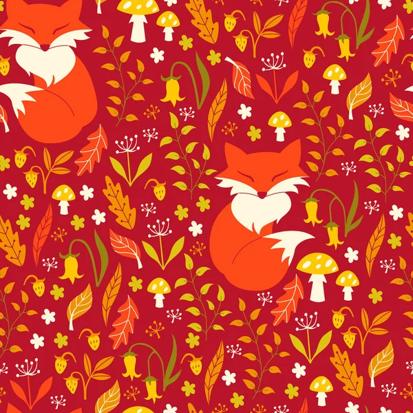 Seamless Pattern with Flowers, Foxes and Mushrooms. — Stock Vector