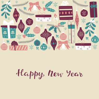 Yazı ve Noel öğeleri ile tebrik kartı.