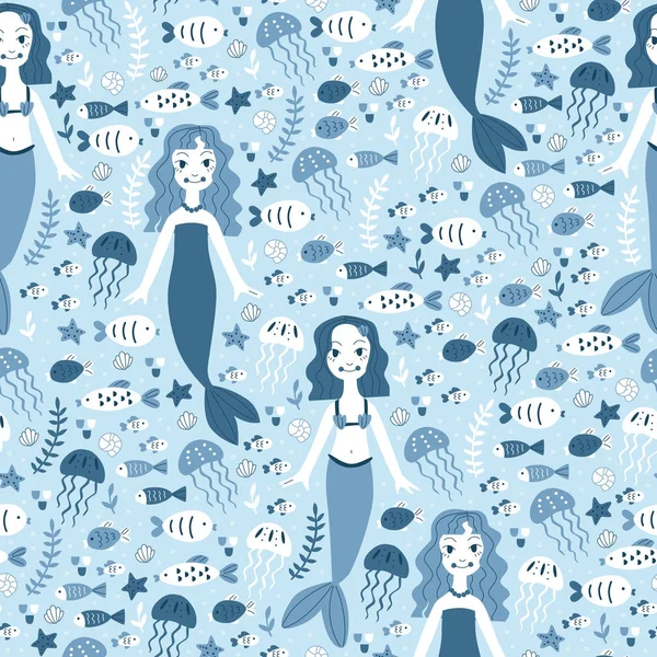 Cute Background with Mermaid, Shell and Fish.