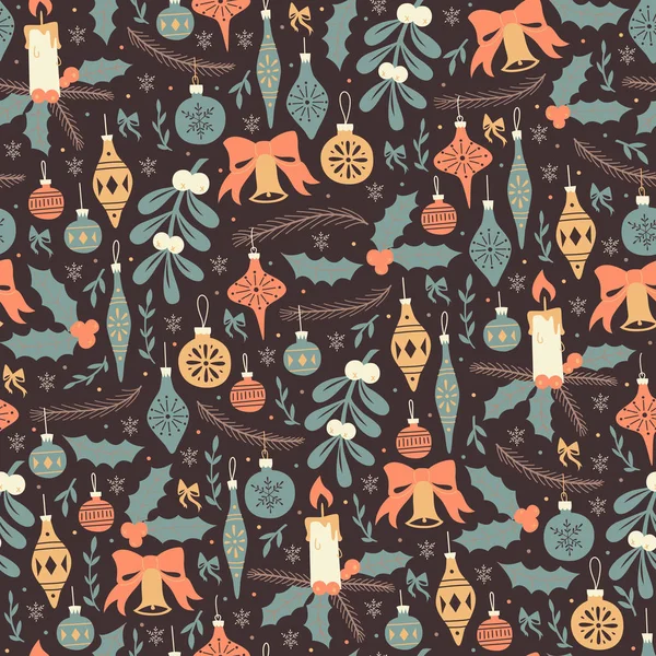 Рождественский бесшипный платок с елочными игрушками и туфельками . — стоковый вектор