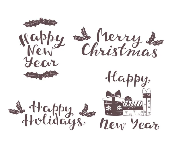 Feliz Navidad, Feliz Año Nuevo, Felices Fiestas. Letras dibujadas a mano . — Vector de stock