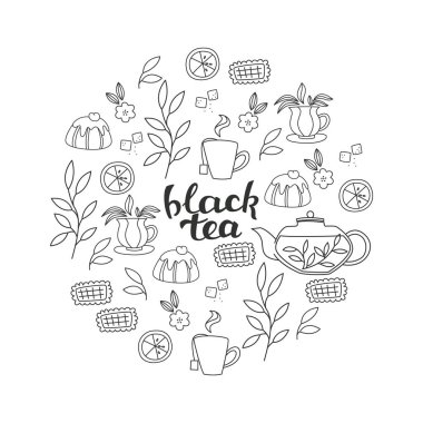 El yazı ve çay aksesuar: bardak, çaydanlık ve bırakın