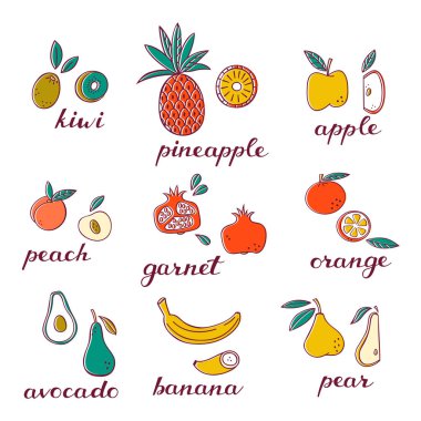 Doodle meyve simgeler kümesi. 