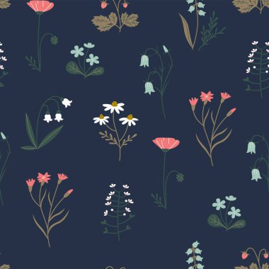 Bahar çiçekleri ve otlar. Tekstiller için çiçek süsleme.