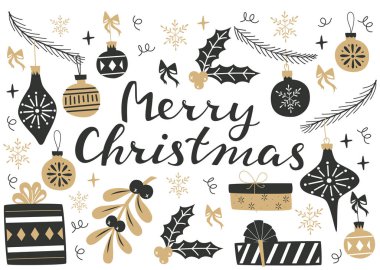 Elle çizilmiş Noel öğeleri ve elle çizilmiş yazı kümesi.