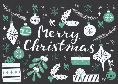 Elle çizilmiş Noel öğeleri ve yazı kümesi .