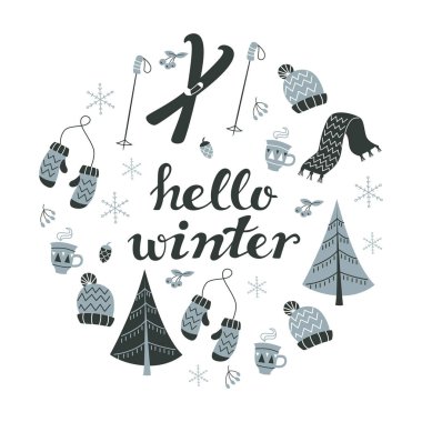 Yazı ve kış öğeleri kümesi: Kayaklar, eldiven, şapka, Tanrım