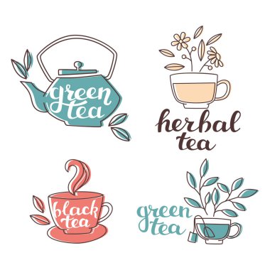 Çay öğeleri siluet el yazı ile. 