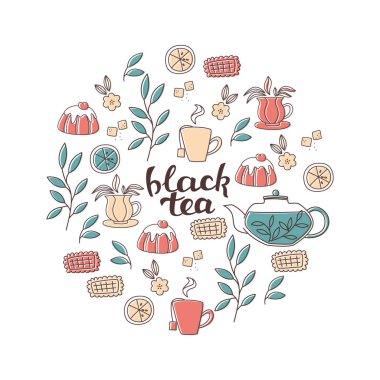 El yazı ve çay aksesuar: bardak, çaydanlık ve bırakın