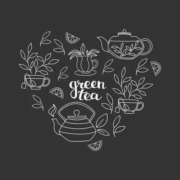 Set of Hand Lettering and Tea Accessories: Cup, Teapot and Leaves in Doodle Style. — Stock Vector