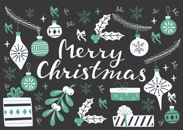 Elle çizilmiş Noel öğeleri ve yazı kümesi .