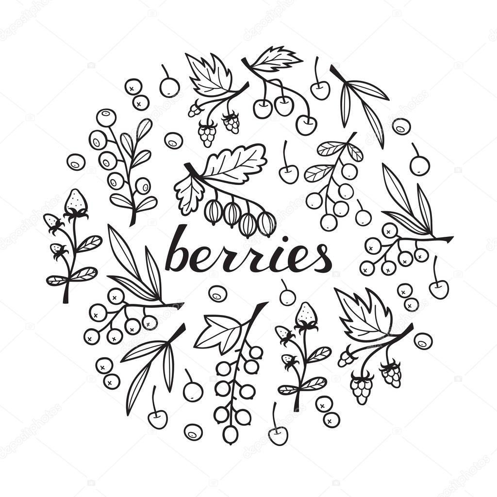 Set of Doodles Berries Isolated on White Background.