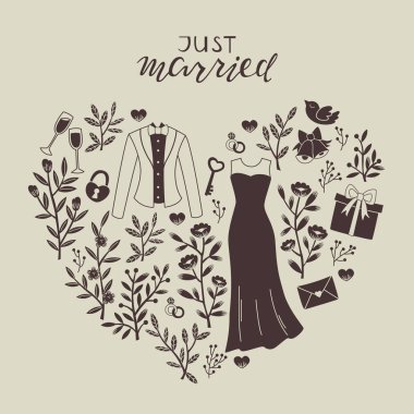 Dizi el yazısı ve Düğün aksesuarları: Gelinlik, yüzük, çiçek ve diğer.