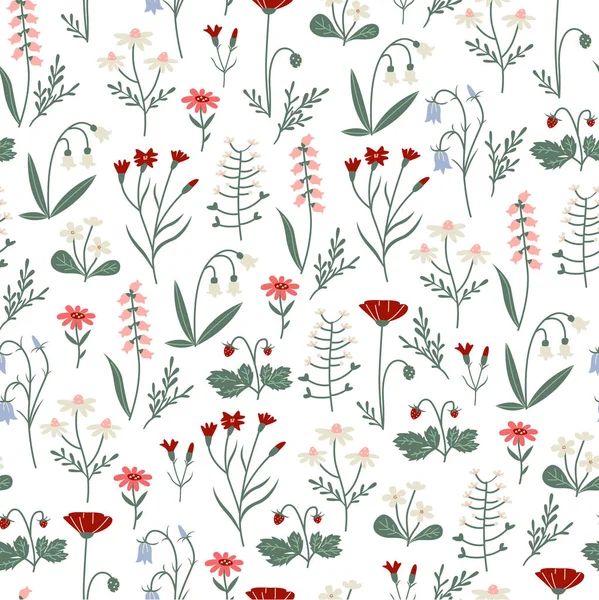 Flores y hierbas de primavera. Adorno floral para textiles . — Vector de stock