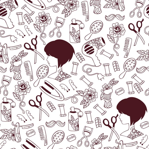 Hand Drawn Seamless Pattern with Hairdresser's and Barber Tools. — Stock Vector