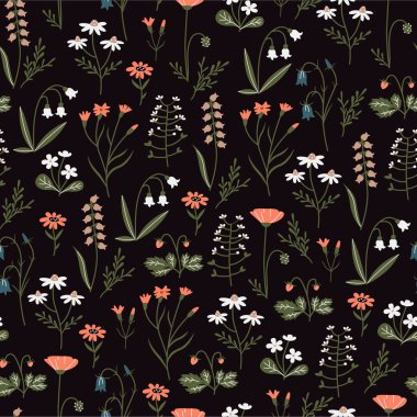 Bahar çiçekleri ve otlar. Tekstiller için çiçek süsleme.