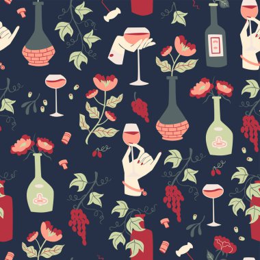 Kusursuz arka plan şarabı, üzüm ve şişe. Vektör El Çizimi Çizimleri.