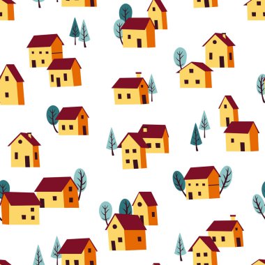 Evleri olan soyut, kusursuz desen. El Çizimi Vektör İllüstrasyonu.