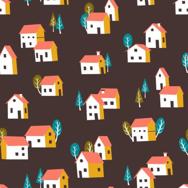 İskandinav Tarzı 'ndaki Doodle Evleri ve Ağaçları ile Kusursuz Desen.