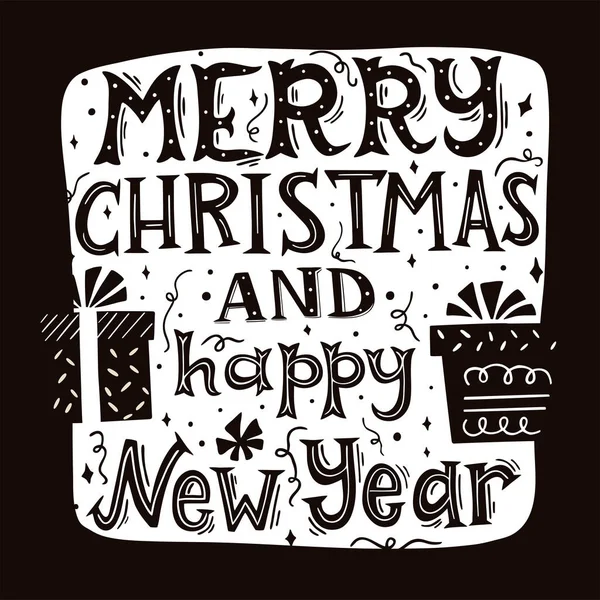 Feliz Navidad, Feliz Año Nuevo Dibujado a mano Letras Ilustración — Vector de stock