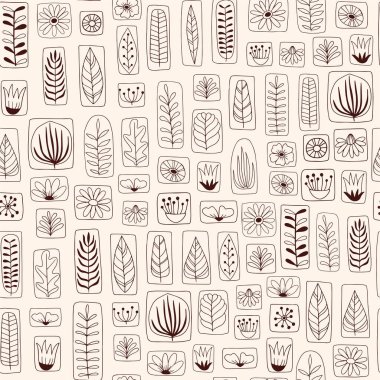 Beyaz arkaplanda yapraklar ve çiçekler ile İskandinav tarzında kusursuz bir desen. 