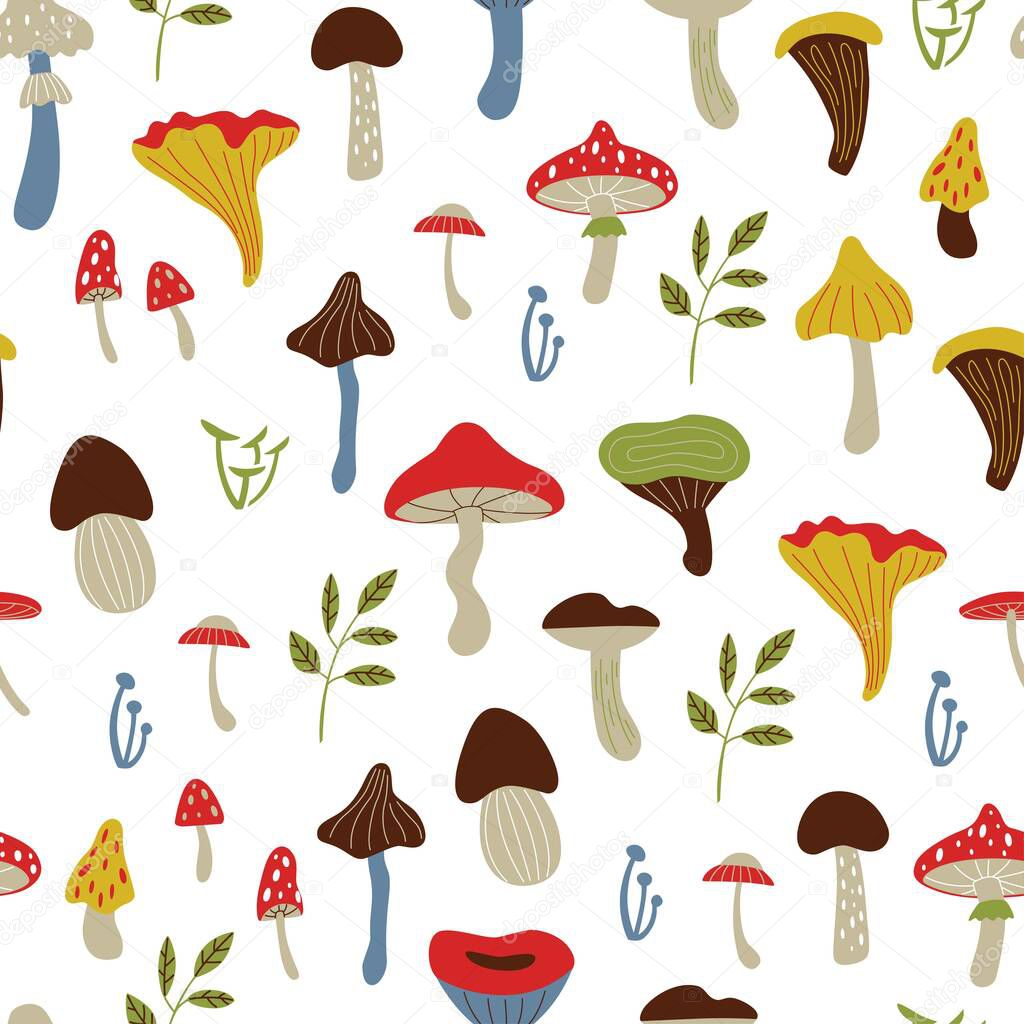 Cute vector pattern with mushrooms on white background. 